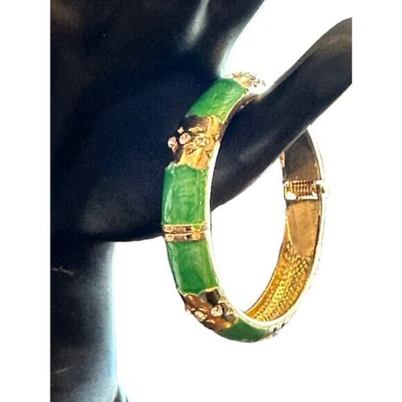 Vintage Green Enamel & Gold Tone Hinged Bangle Bracelet With Rhinestone Floral D - Picture 4 of 7